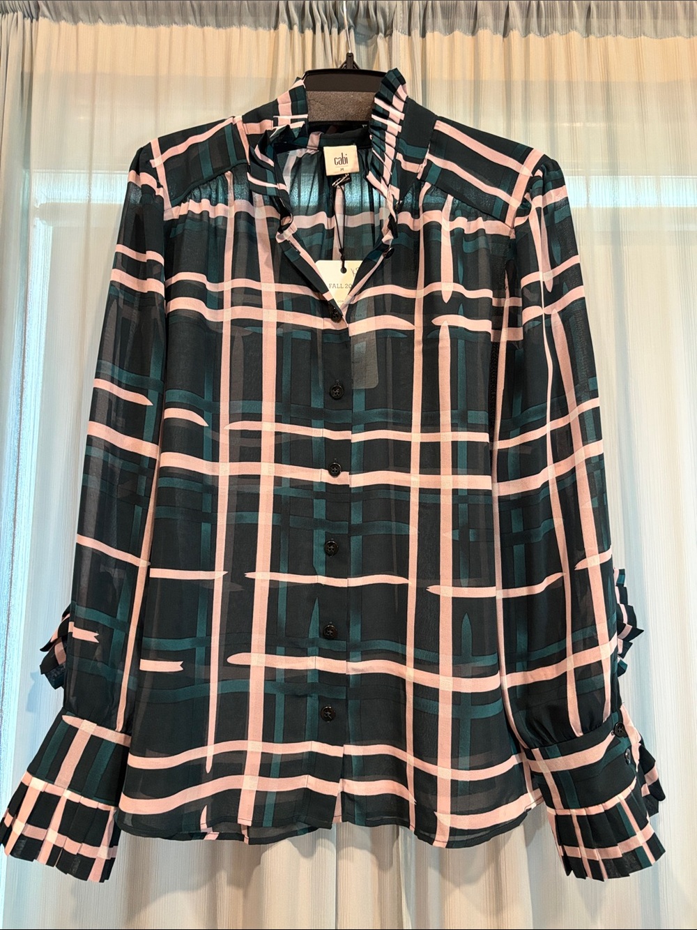 CAbi Teal green & Pink Cakewalk Plaid Blouse with removable neck tie